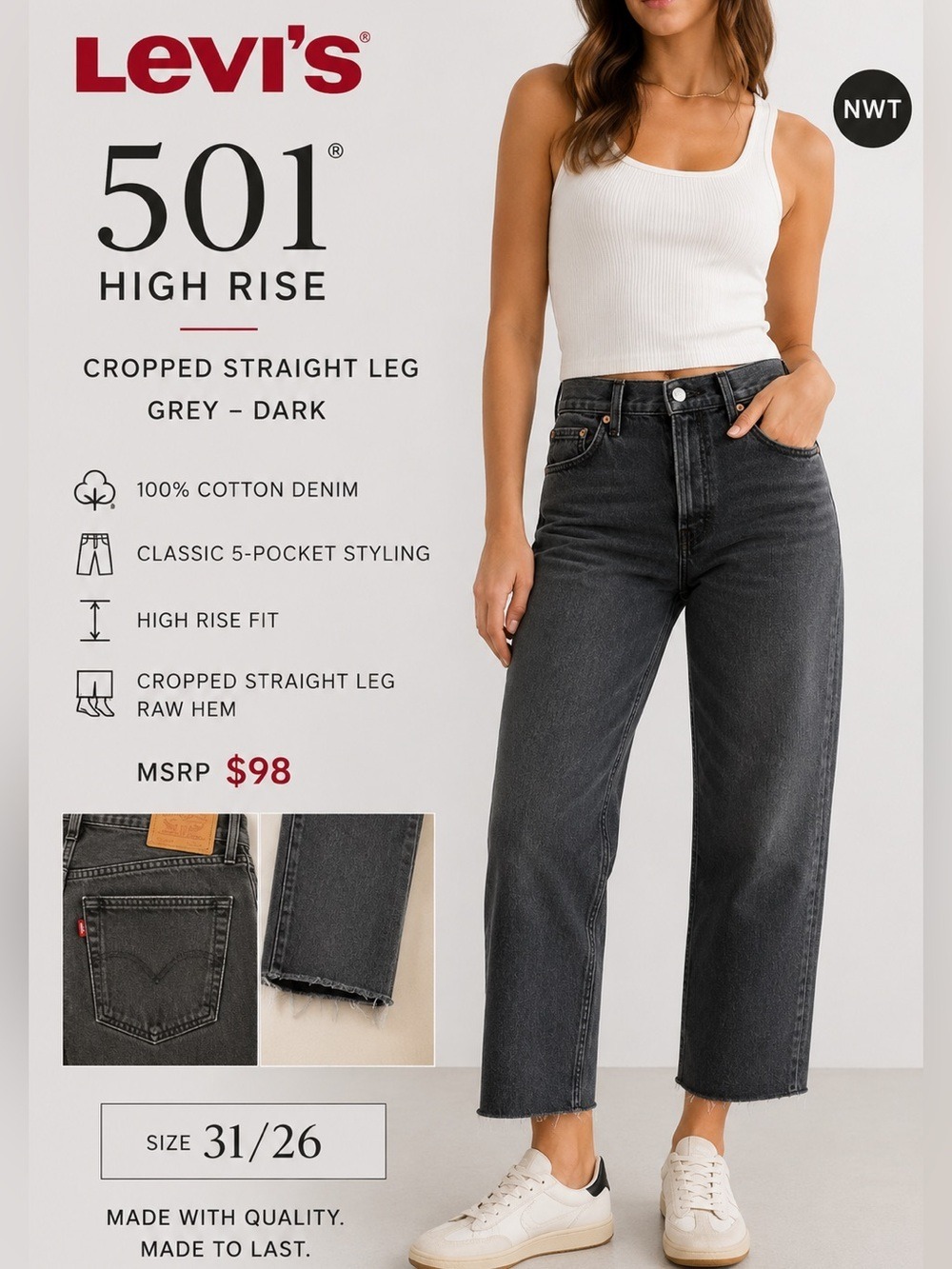 Levi’s 501 Original Cropped High Rise Jeans NWT Gray 31x26 Button Fly Raw Hem